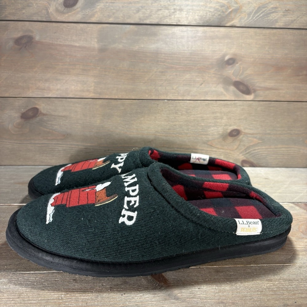 ll bean mens size 12 slippers green peanuts snoopy plaid lining comfort shoes